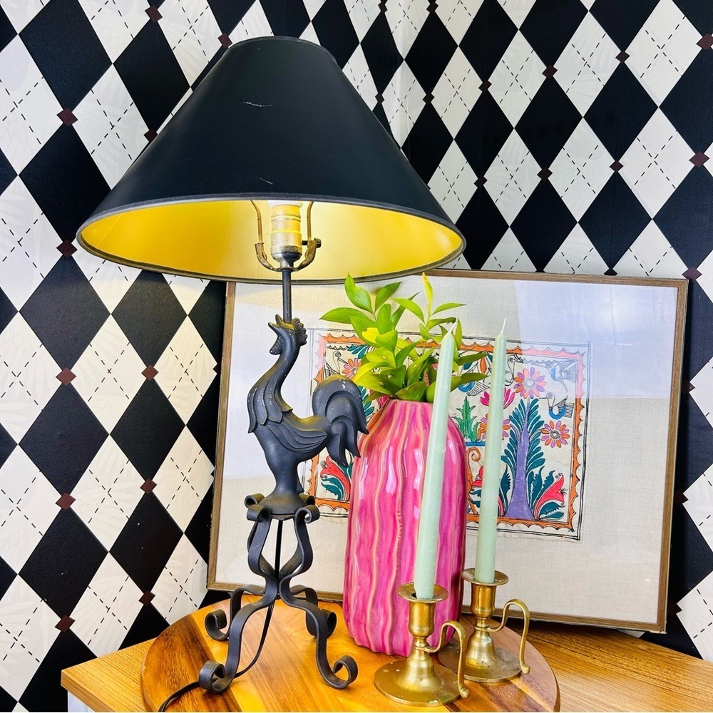Wrought Iron Rooster Lamp French Country w/‎ Original Black Gold Shade Farmhouse - Picture 9 of 11